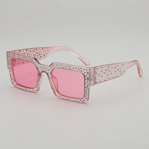Vintage rectangular pink sunglasses with sparkling rhinestones for party and hip-hop style