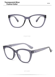 Detailed front and side view of transparent blue cat-eye glasses with metal temple wave accents