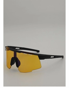 Detail view of large orange-tinted cycling goggles with a sleek black aerodynamic frame