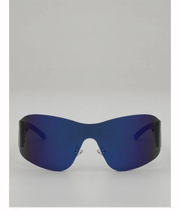 Detail view of blue mirrored y2k shield sunglasses with reflective wrap lens design