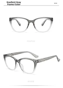 Detailed views of gradient grey cat-eye glasses frames with metallic hinge accents