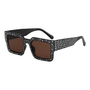 Punk style rectangular sunglasses with black frame and rhinestones for fashion streetwear