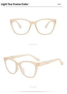 Detailed front and side view of cat eye light tea frames with smooth finish