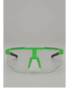 Detail of cycling glasses featuring neon green frame and panoramic transparent lens