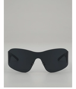 Front view of black oversized shield sunglasses with wrap-around frameless lens design