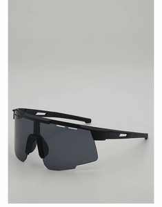 Detail of cycling glasses with matte black frames and wide dark protective lenses