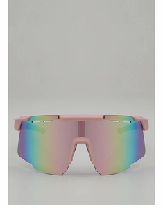 Close-up of pink frame cycling glasses with large colorful gradient mirror lenses