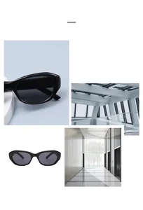 Detail view of oval cat-eye sunglasses with thick black frames and dark grey lenses