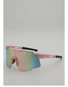 Detail of pink matte cycling glasses with wrap-around shield lenses and windproof frame