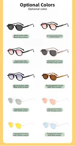 Grid display of vintage round kids sunglasses in leopard and solid colors