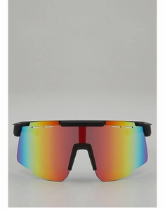 Front view of black sports sunglasses with colorful iridescent lenses for cycling