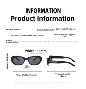 Detailed size chart for cat-eye sunglasses featuring PC frame and dimensions in millimeters