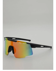Side view of matte black cycling glasses with colorful gradient mirrored lenses and airflow vents