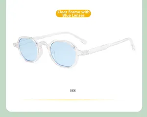 Detail of transparent frames with light blue lenses on retro kids sunglasses side view