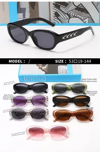 Detailed view of colorful retro oval cat eye sunglasses with silver accents and size specs