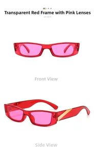 Détails des lunettes de soleil rectangulaires avec monture rouge translucide et verres roses