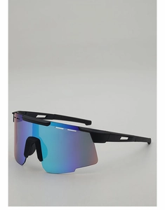 Detail view of large cycling sunglasses with blue-purple polarized lens and matte frame