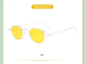 Side view of retro kids sunglasses with a transparent frame and yellow lenses
