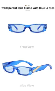 Vue détaillée des lunettes de soleil rectangulaires bleu transparent aux accents dorés