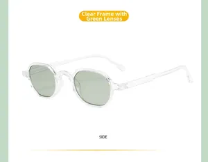 Side view of vintage polygon sunglasses with transparent frames and light green lenses
