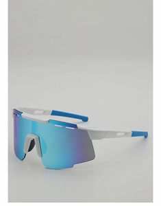 Detail view of white cycling glasses with large blue gradient lens and non-slip pads