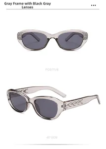 Front and side views of cat eye sunglasses with grey frames and black grey lenses