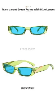 Détail de lunettes de soleil rectangulaires vertes transparentes avec verres bleus