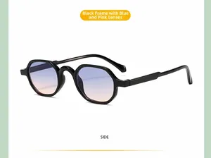 Side view of children's hexagonal black frames with blue-pink gradient lenses