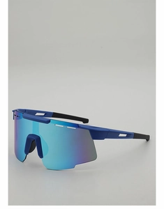 Side view of cycling glasses with blue-purple lens coating and matte dark blue frame