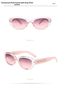 Close-up of pink cat-eye sunglasses featuring silver streamlined metal temple details
