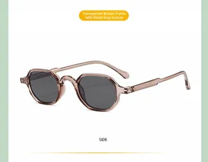 Side view of retro polygonal kids sunglasses with translucent tea frames and dark gray lenses