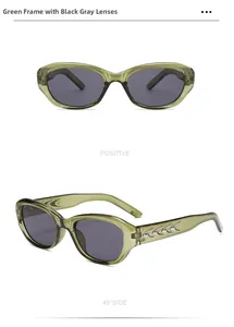 Front and 45-degree side view of vintage green frame cat-eye sunglasses with grey lenses