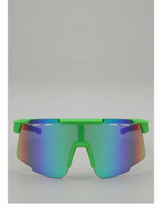 Detail shot of green cycling glasses with large iridescent rainbow coated lenses and frame