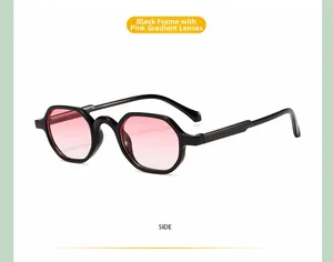 Side view of retro black polygon kids sunglasses with stylish gradient pink lenses