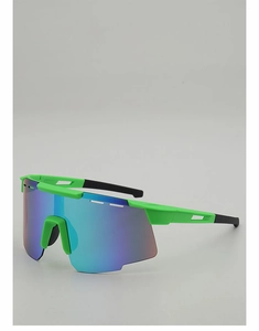 Close-up of bright green cycling glasses with blue and purple gradient mirrored lenses