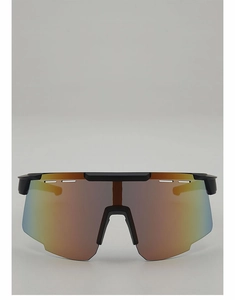 Close-up of matte black cycling glasses with colorful gradient windproof lenses