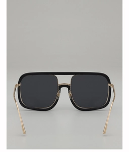 Detail view of retro double bridge sunglasses with black frame and gold metal temples