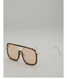 Detail of square tortoiseshell sunglasses with gold double bridge and thin metal temples