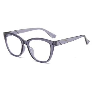 Retro cat-eye blue light blocking glasses with transparent purple frames and silver wavy temple