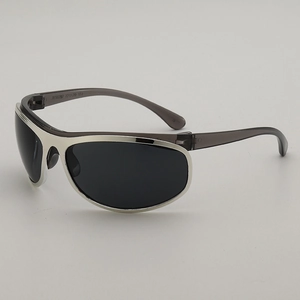 Chic silver-rimmed Y2K wrap sunglasses with dark grey lenses and translucent temples