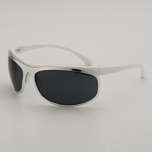 White oversized Y2K sunglasses with silver metal trim and dark grey lenses for women