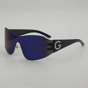 Y2K wraparound oversized mirrored sunglasses with black frame and blue lenses