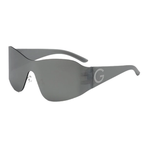 Futuristic Y2K silver reflective shield sunglasses with grey lenses and G logo details