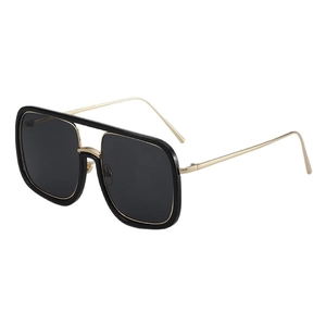 Square double-bridge sunglasses with black frames and gold temples for UV protection