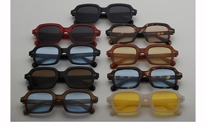Detail view of vintage square sunglasses in multiple colors and durable frame hinges