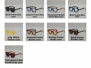Grid display of vintage leopard square sunglasses in various trendy frame and lens colors