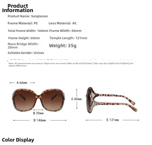 Detailed size chart for oversized sunglasses showing PC frame and AC lens dimensions
