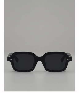 Detailed front view of black square sunglasses featuring stylish silver round rivets on frames