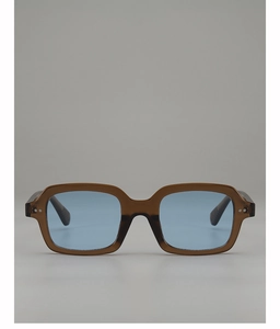 Front view of square brown resin frame sunglasses with light blue lenses and metal rivets