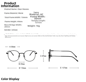Detailed size chart for retro round metal glasses frame showing dimensions and 16g weight